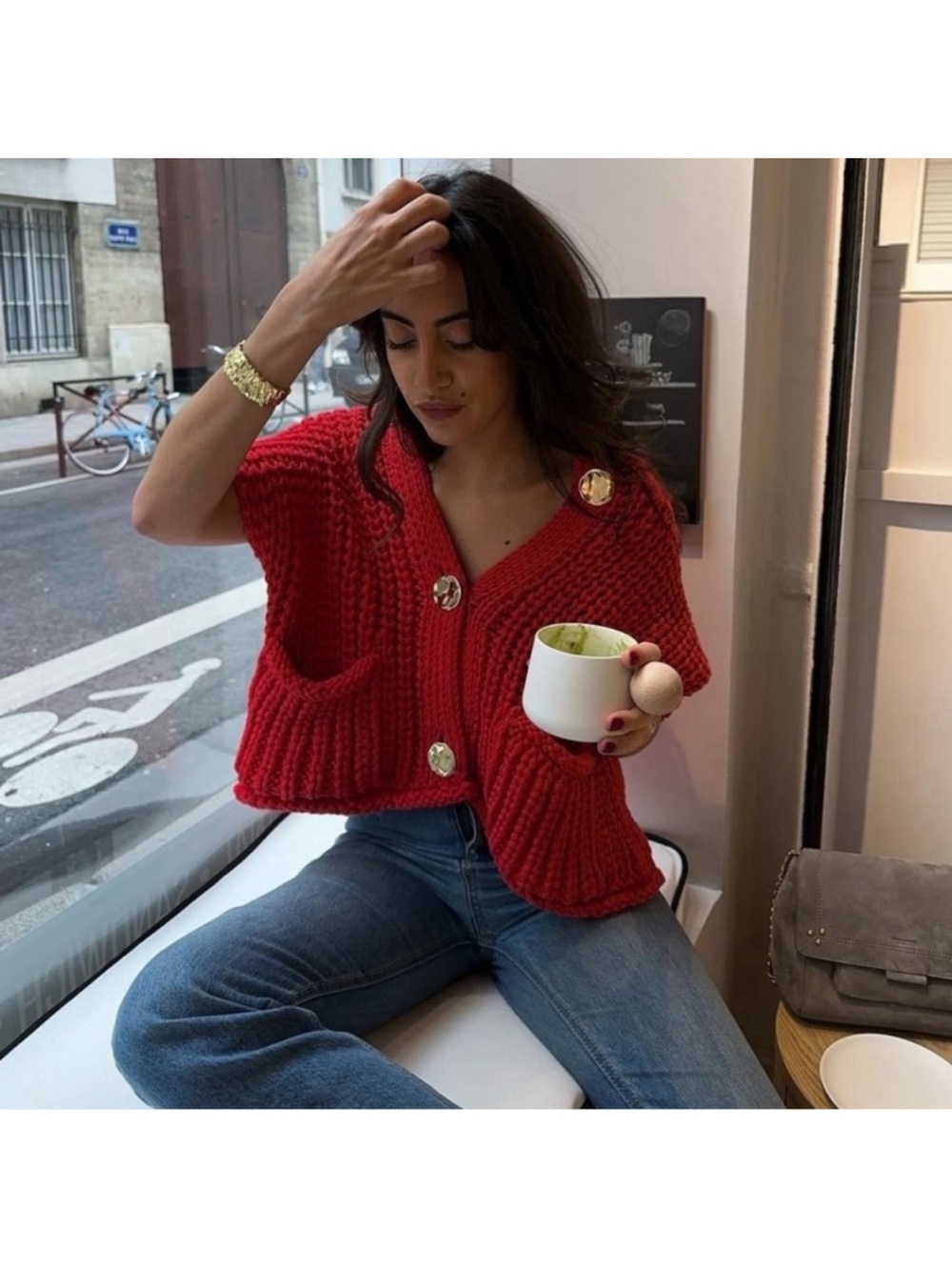 Zara Red Chunky Knit Gold Oversized Button Sweater Vest Medium Blogger Favorite
